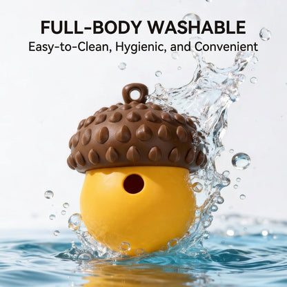 Clean water splashing over a brown and yellow acorn dog chew toy, demonstrating the full-body washable, hygienic, and easy-to-clean TPR material.
