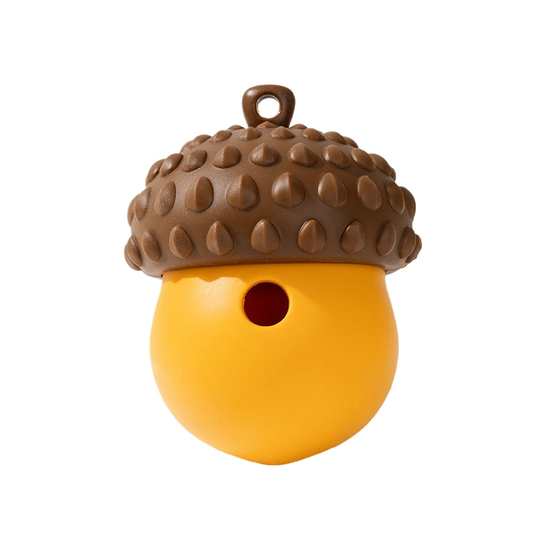 Brown and yellow acorn dog treat dispenser toy with a hanging loop, shown on a white background.