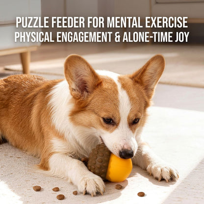 A cute Corgi happily chewing on the PawsMore brown and yellow acorn dog treat dispenser. Mental enrichment puzzle feeder and durable TPR chew toy for dogs on a living room rug.