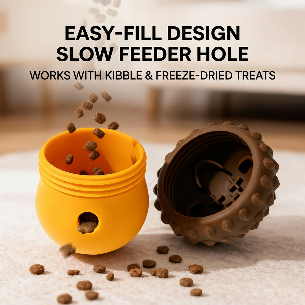 Opening the two-piece acorn dog treat dispenser to fill the easy-fill slow feeder hole with dog kibble and freeze-dried treats.