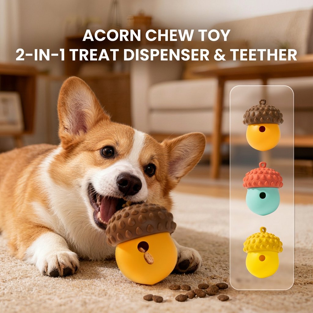 Pembroke Corgi chews an acorn dog treat dispenser toy on a carpeted living room floor, with kibble and color variations.