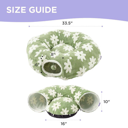 Size guide: 33.5" outer diameter, 16" cushion, 10" tall, tunnel opening 8" wide × 6" tall.