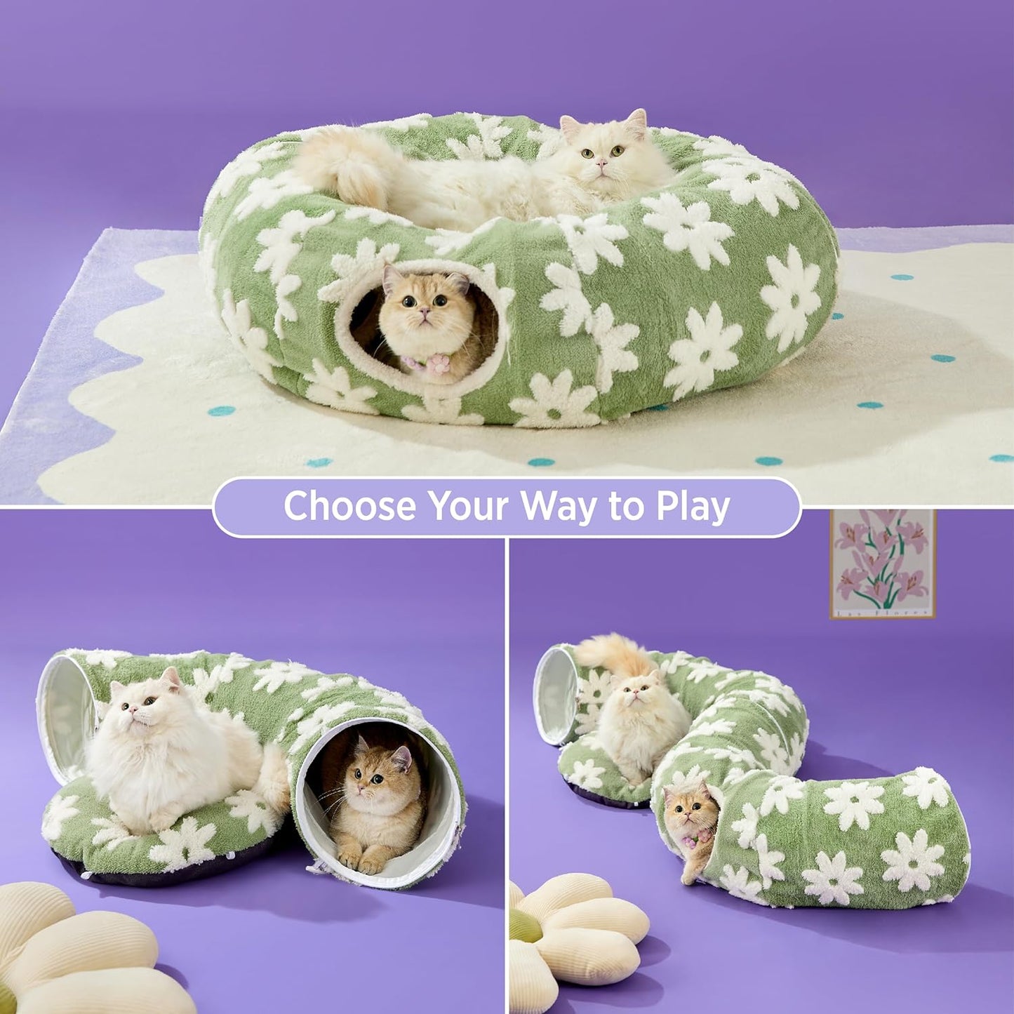 Sage-green floral cat tunnel bed on a purple studio backdrop with two long-haired cats lounging in the bolsters.