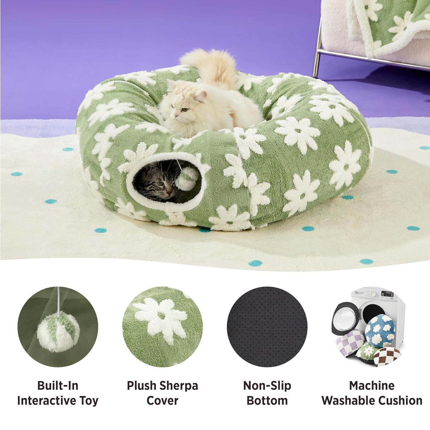 Sage-green floral cat tunnel bed feature shot — Sherpa cover, non-slip base, machine-washable cushion, built-in pom-pom toy.