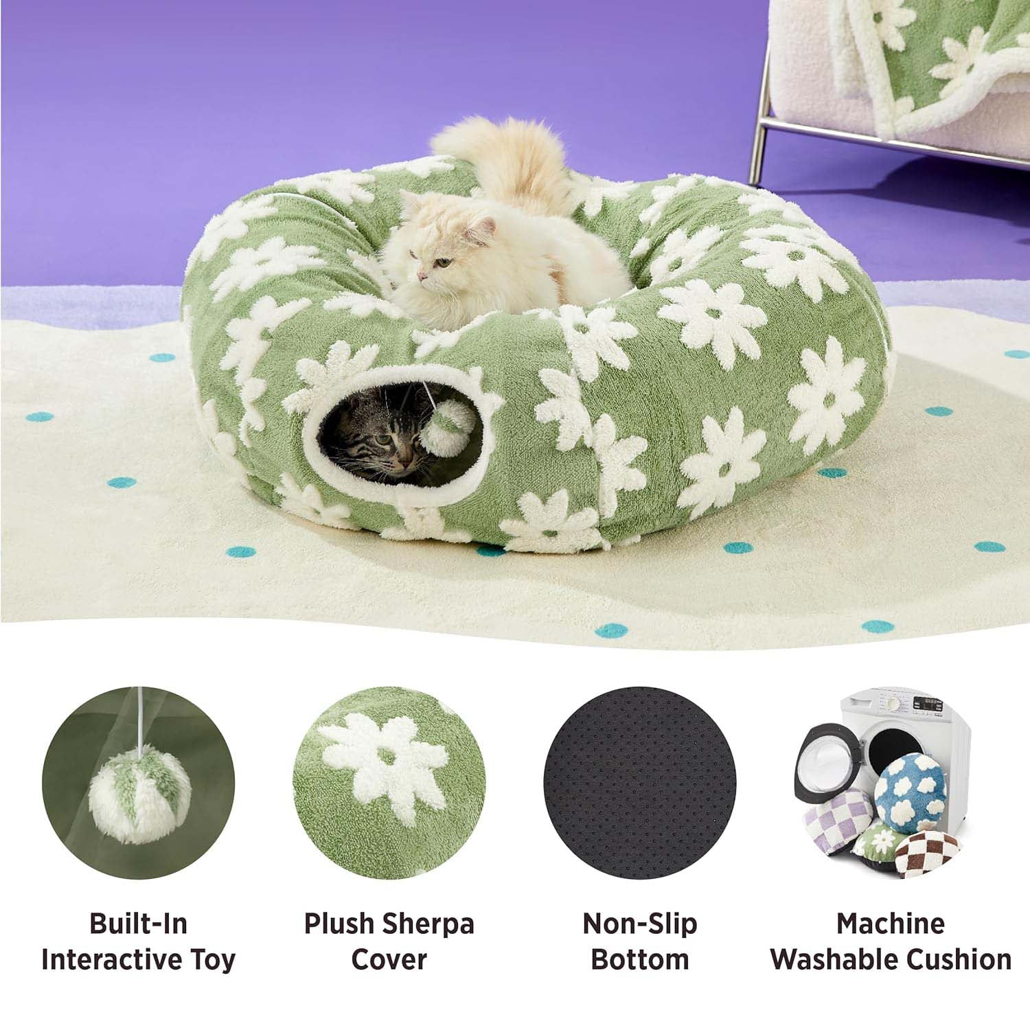 Sage-green floral cat tunnel bed feature shot — Sherpa cover, non-slip base, machine-washable cushion, built-in pom-pom toy.