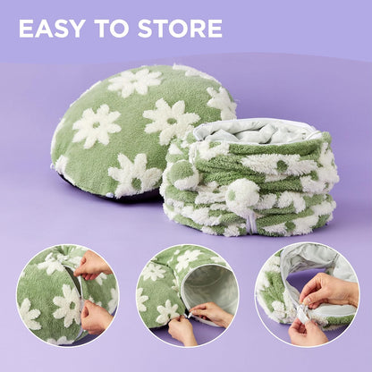 Sage-green floral cat tunnel bed folded compactly on a purple studio backdrop, with zipper close-ups.