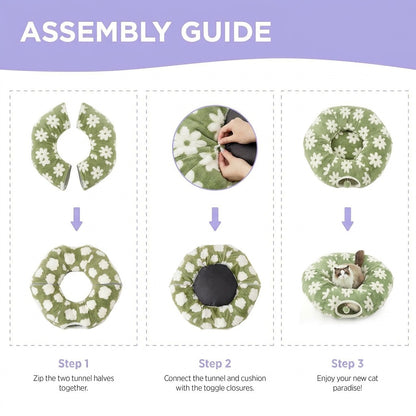 Three-step assembly guide for the sage-green floral cat tunnel bed: zip tunnel halves, attach cushion via toggles, ready to use.