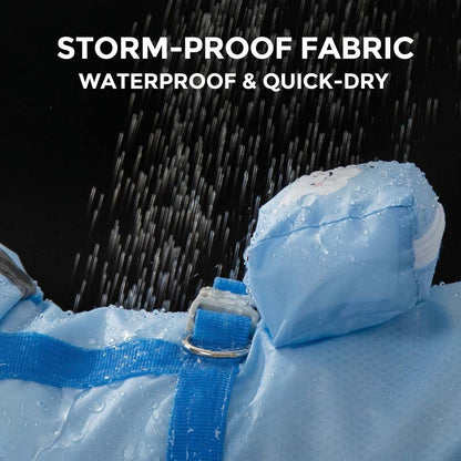 Close-up of sky blue dog raincoat fabric with water droplets, back pocket, strap, and metal ring.