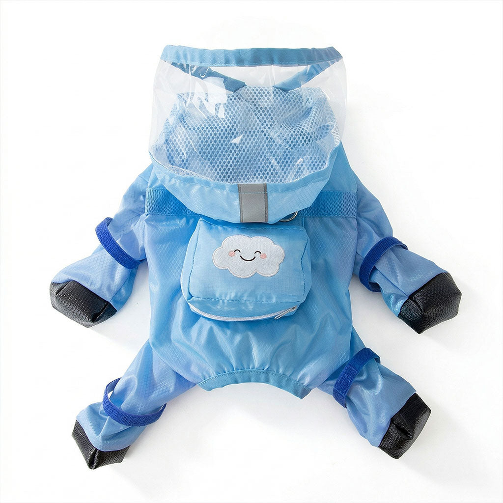 Sky blue full-body dog raincoat laid flat with clear hood, mesh face panel, back pocket, and attached boots.