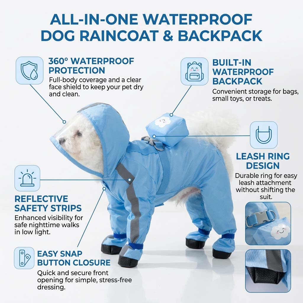 Feature graphic for blue full-body dog raincoat showing clear hood, back pocket, leash ring, reflective strips, and snap closure.