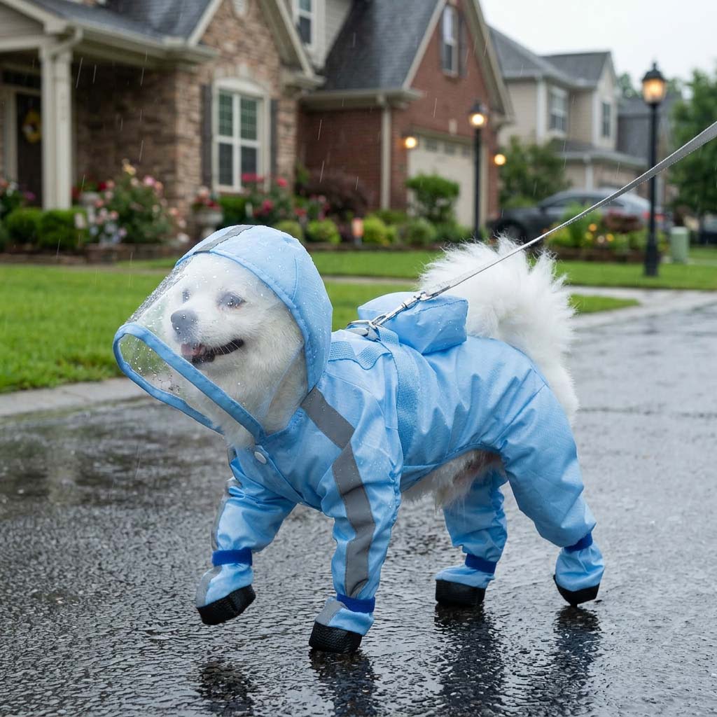 Small white dog walking in rain while wearing a sky blue dog raincoat with boots and leash ring.