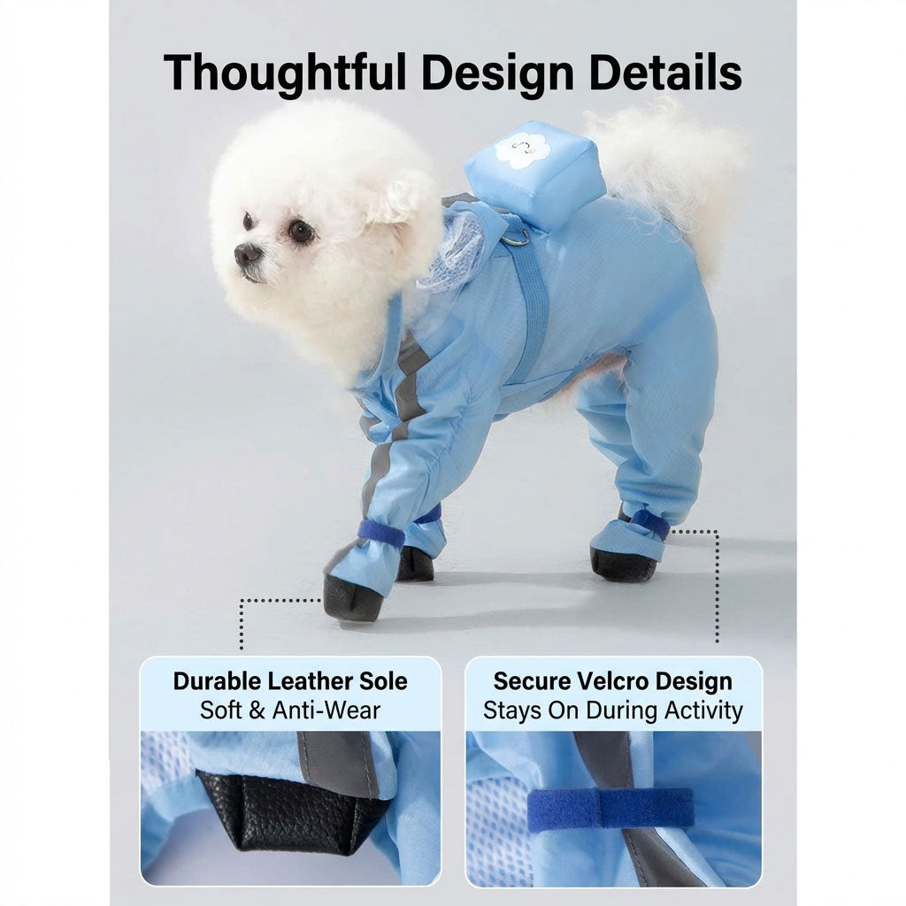 Detail graphic showing black boot soles and blue hook-and-loop tabs on the full-body dog raincoat.
