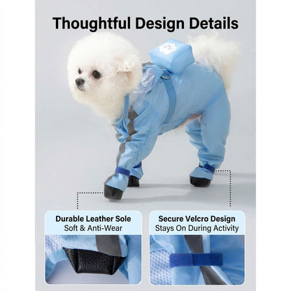 Detail graphic showing black boot soles and blue hook-and-loop tabs on the full-body dog raincoat.