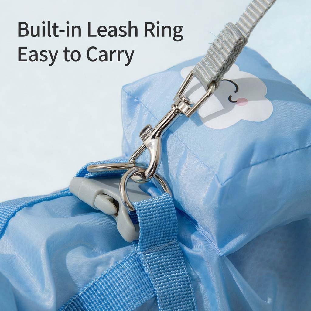 Close-up of the built-in leash ring and clip attachment on the sky blue full-body dog raincoat.