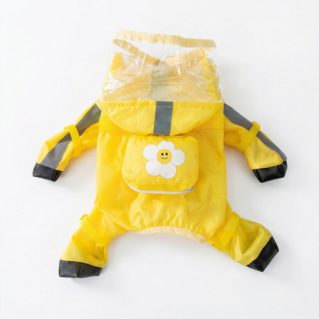 Lemon yellow full-body dog raincoat laid flat with clear hood, flower pocket, reflective strips, and attached boots.