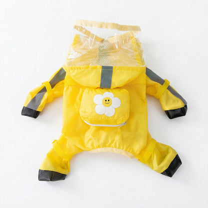 Lemon yellow full-body dog raincoat laid flat with clear hood, flower pocket, reflective strips, and attached boots.