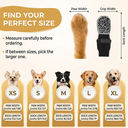 White-background size guide for anti-slip dog socks and leg warmers, showing paw width, grip width, sock length, and XS-XL dogs.