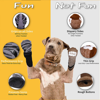 Infographic of a brown dog wearing anti-slip dog socks and leg warmers, comparing grippy and slippery paw designs on yellow and gray panels.