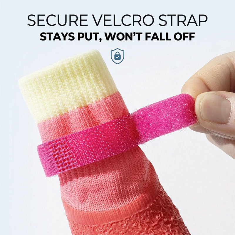 Close-up studio shot on white background of a pink and yellow anti-slip dog sock with Velcro strap being fastened.