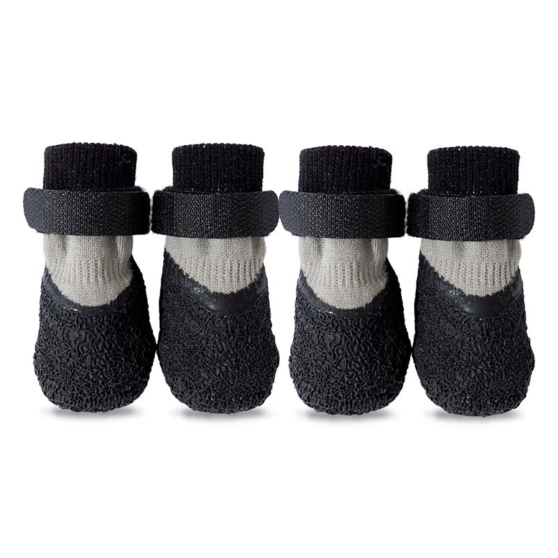 Four black and gray waterproof anti-slip dog socks with Velcro straps, arranged on a white background.