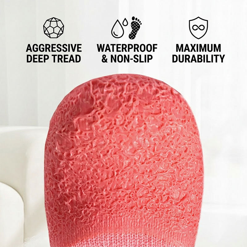 Close-up of a red waterproof non-slip dog sock sole with deep tread texture on a white background.