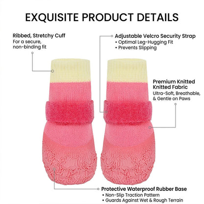 White-background infographic showing pink waterproof anti-slip dog socks with Velcro straps and a rubber non-slip base.