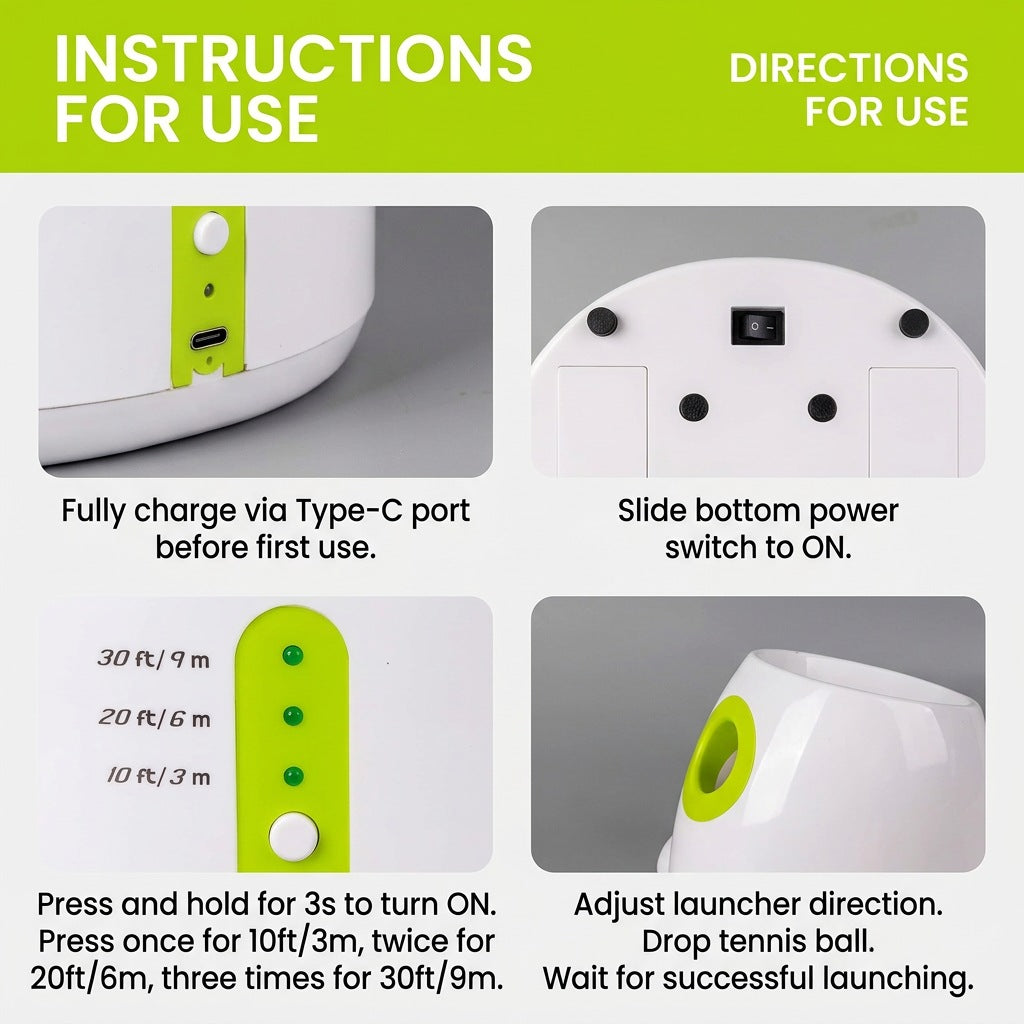 White and lime green automatic dog ball launcher instruction graphic shows charging, power switch, and launch settings.