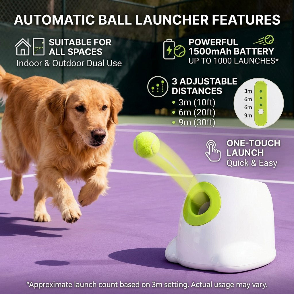 Golden retriever chases a tennis ball from a white-and-green automatic dog ball launcher on a purple court, with feature icons.