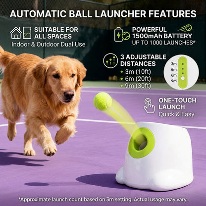 Golden retriever chases a tennis ball from a white-and-green automatic dog ball launcher on a purple court, with feature icons.