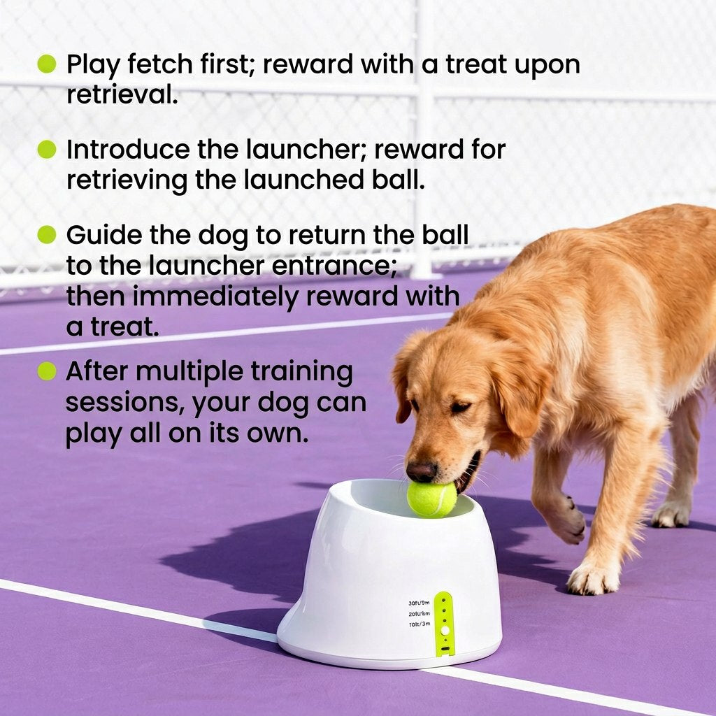 Golden retriever on a purple court drops a tennis ball into a white automatic dog ball launcher.