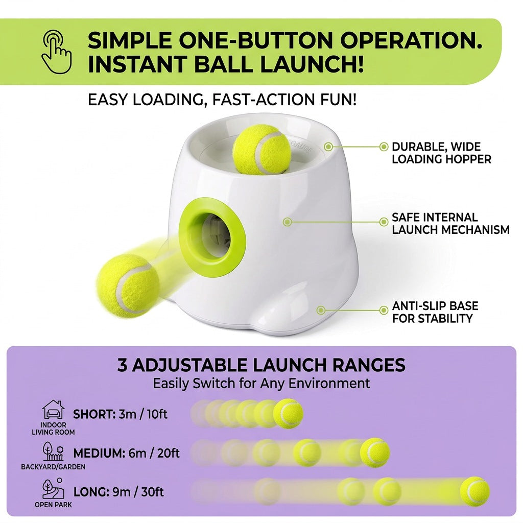 White automatic dog ball launcher on a white background with neon tennis balls and 3 launch range labels.
