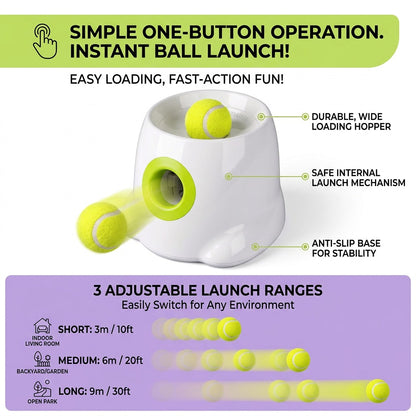 White automatic dog ball launcher on a white background with neon tennis balls and 3 launch range labels.
