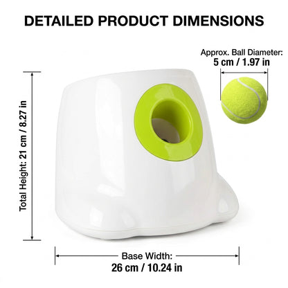 White automatic dog ball launcher with lime green chute and tennis ball, shown on a white background with size measurements.