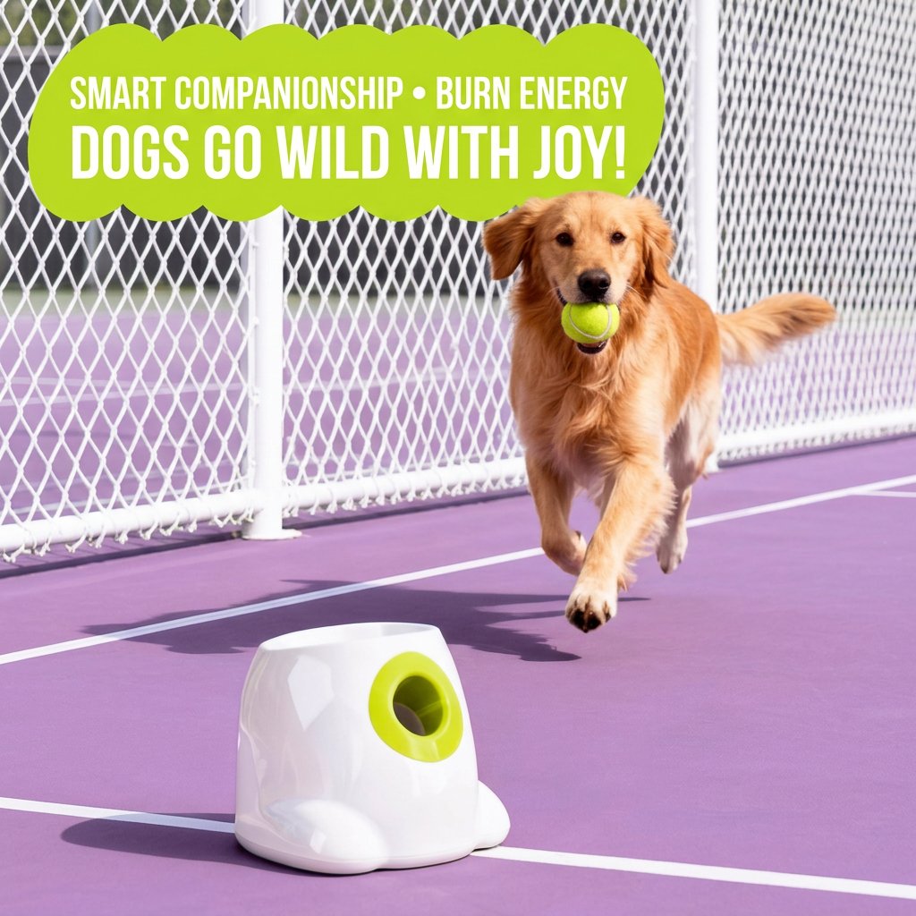 A happy Golden Retriever excitedly chasing a green mini tennis ball launched from a white automatic dog ball launcher on an outdoor court.