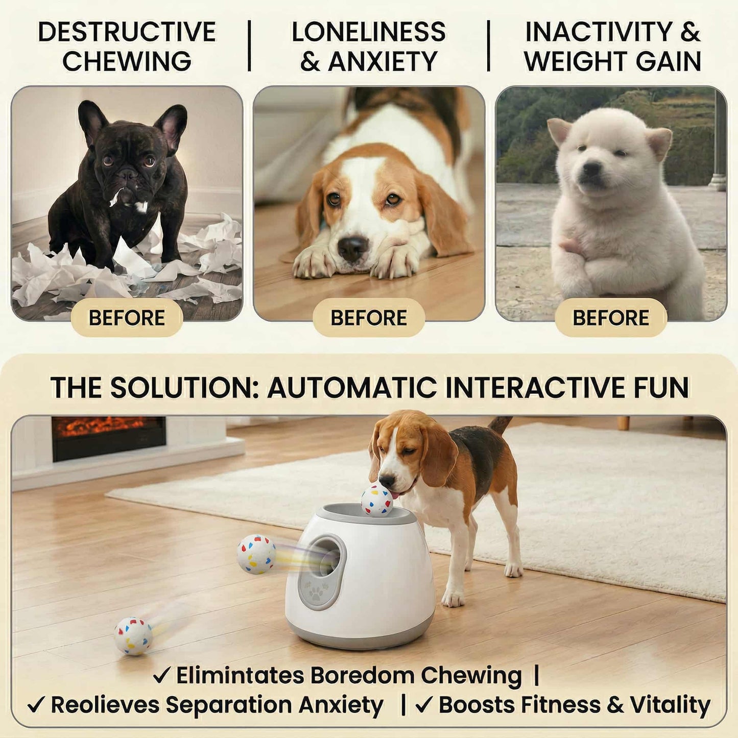 Beagle plays with an automatic dog ball launcher in a bright living room with wood floors and rolling fetch balls.