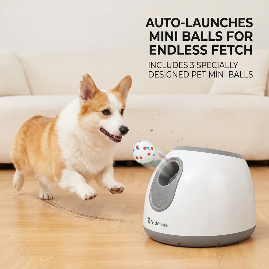 Corgi in a living room chasing a mini ball beside an automatic dog ball launcher for interactive fetch.