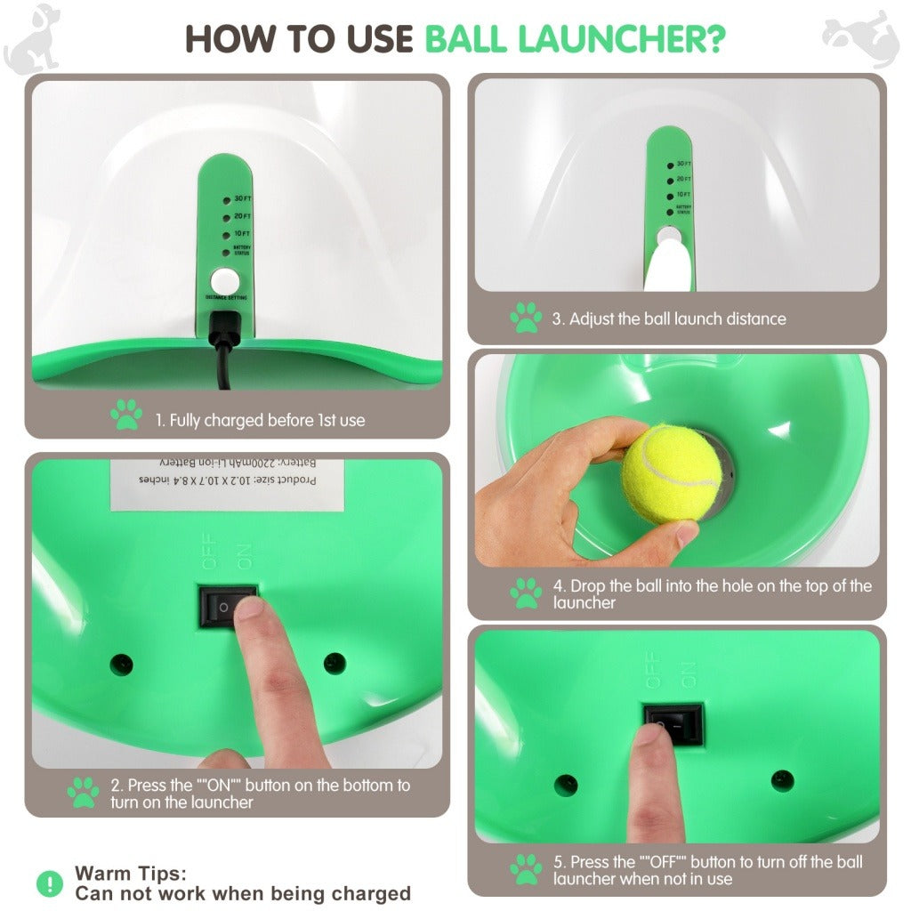 Instructional collage on a white background showing a green automatic dog ball launcher, power switch, distance settings, and a tennis ball.