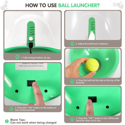 Instructional collage on a white background showing a green automatic dog ball launcher, power switch, distance settings, and a tennis ball.