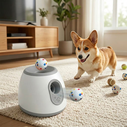 Corgi in a bright living room plays with an automatic dog ball launcher and polka-dot fetch balls on a cream rug.