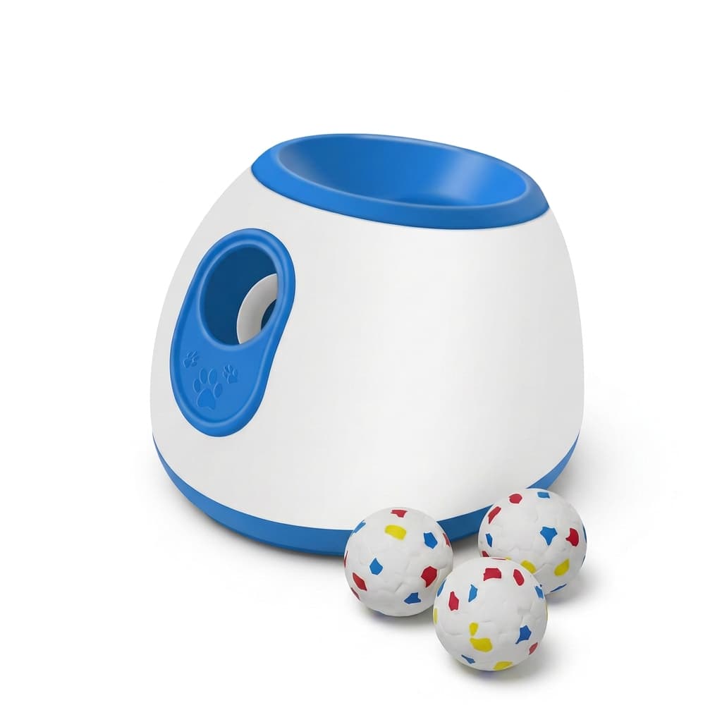 White and blue automatic dog ball launcher fetch toy on a white background with three speckled balls.