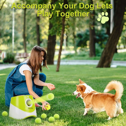 A happy Jack Russell Terrier jumping to catch a mini tennis ball launched from a green rechargeable automatic dog ball launcher in a grassy backyard.
