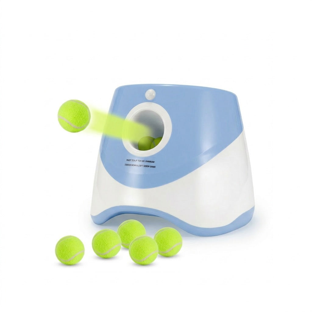 Blue and white automatic dog ball launcher on a white background, with green tennis balls mid-launch.