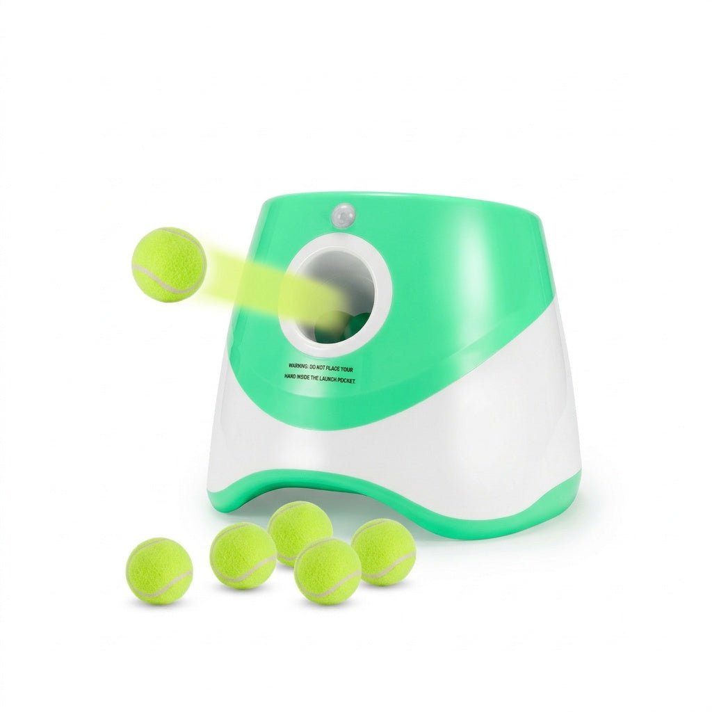 Green and white automatic dog ball launcher on a white background, ejecting a tennis ball with several balls below.