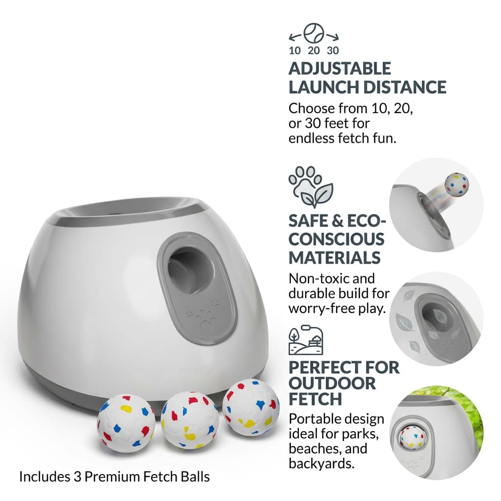 Studio shot on white background of a gray automatic dog ball launcher, three colorful fetch balls, and feature callouts.