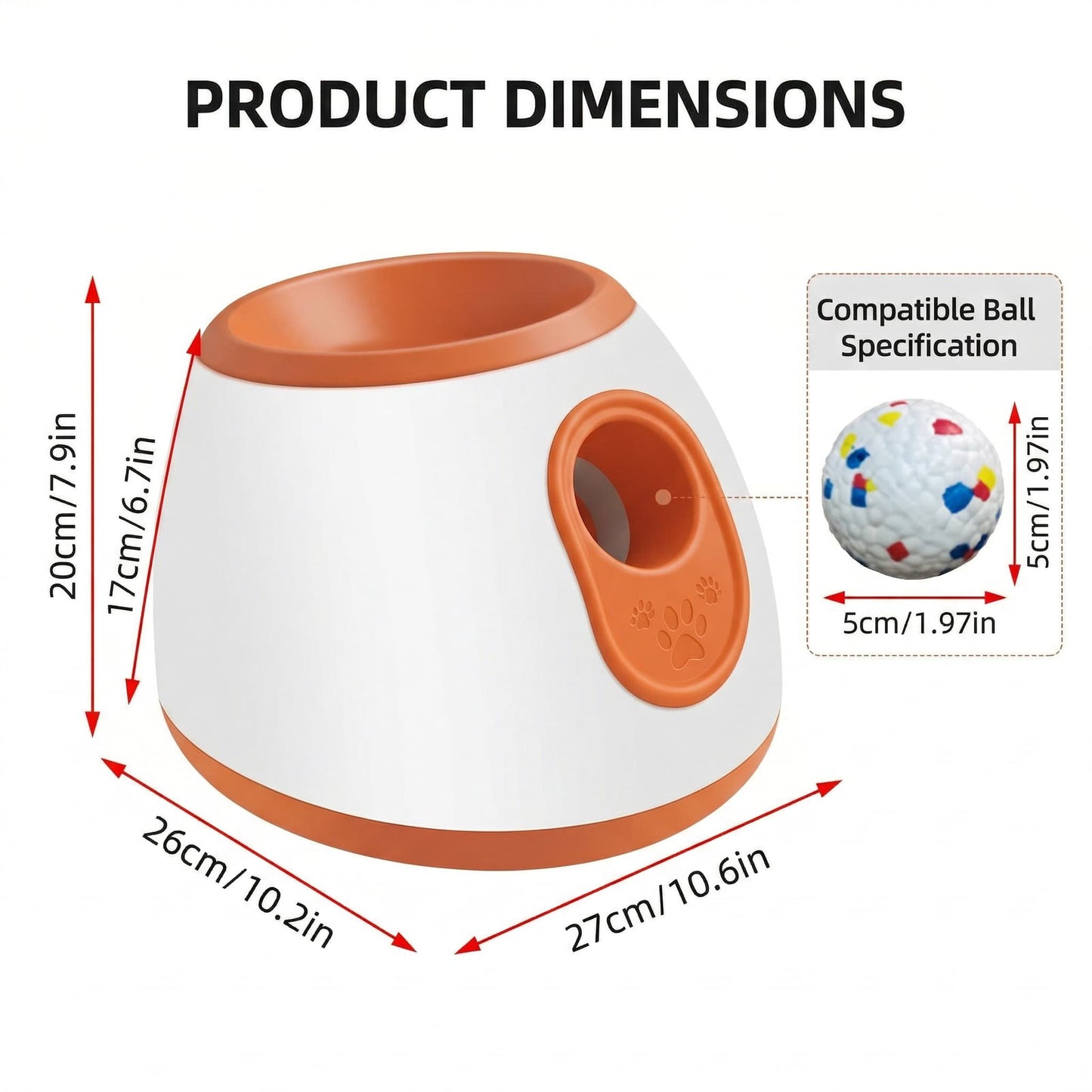 White-background product dimensions diagram of an orange-and-white automatic dog ball launcher with compatible 5cm ball specs.