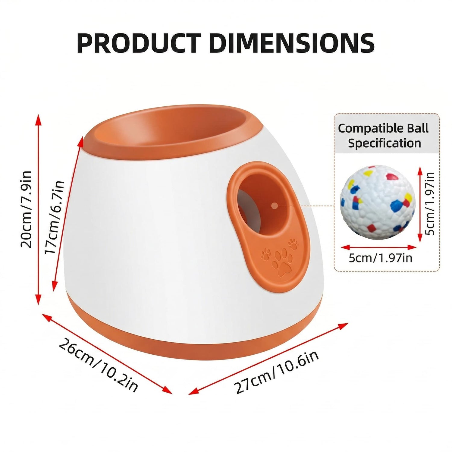 White-background product dimensions diagram of an orange-and-white automatic dog ball launcher with compatible 5cm ball specs.