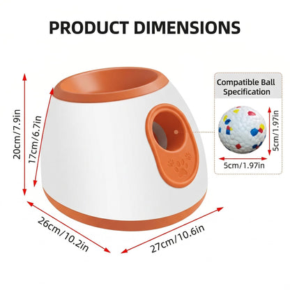 White-background product dimensions diagram of an orange-and-white automatic dog ball launcher with compatible 5cm ball specs.