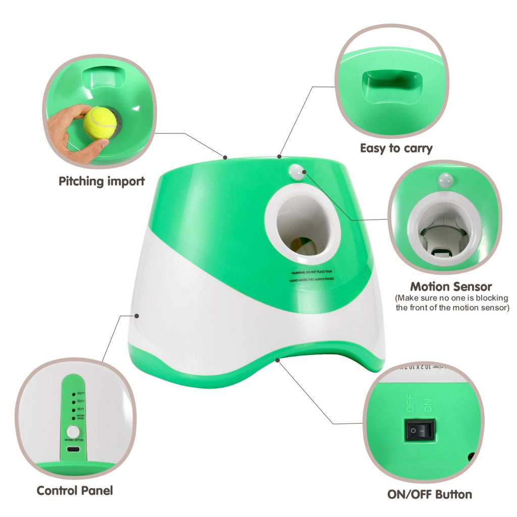 Green and white automatic dog ball launcher for small and medium dogs, shown on a white background with control panel and motion sensor.