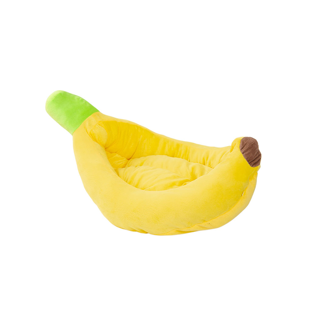 Empty funny banana cat bed showing the vibrant yellow crystal velvet fabric and green stem detail.