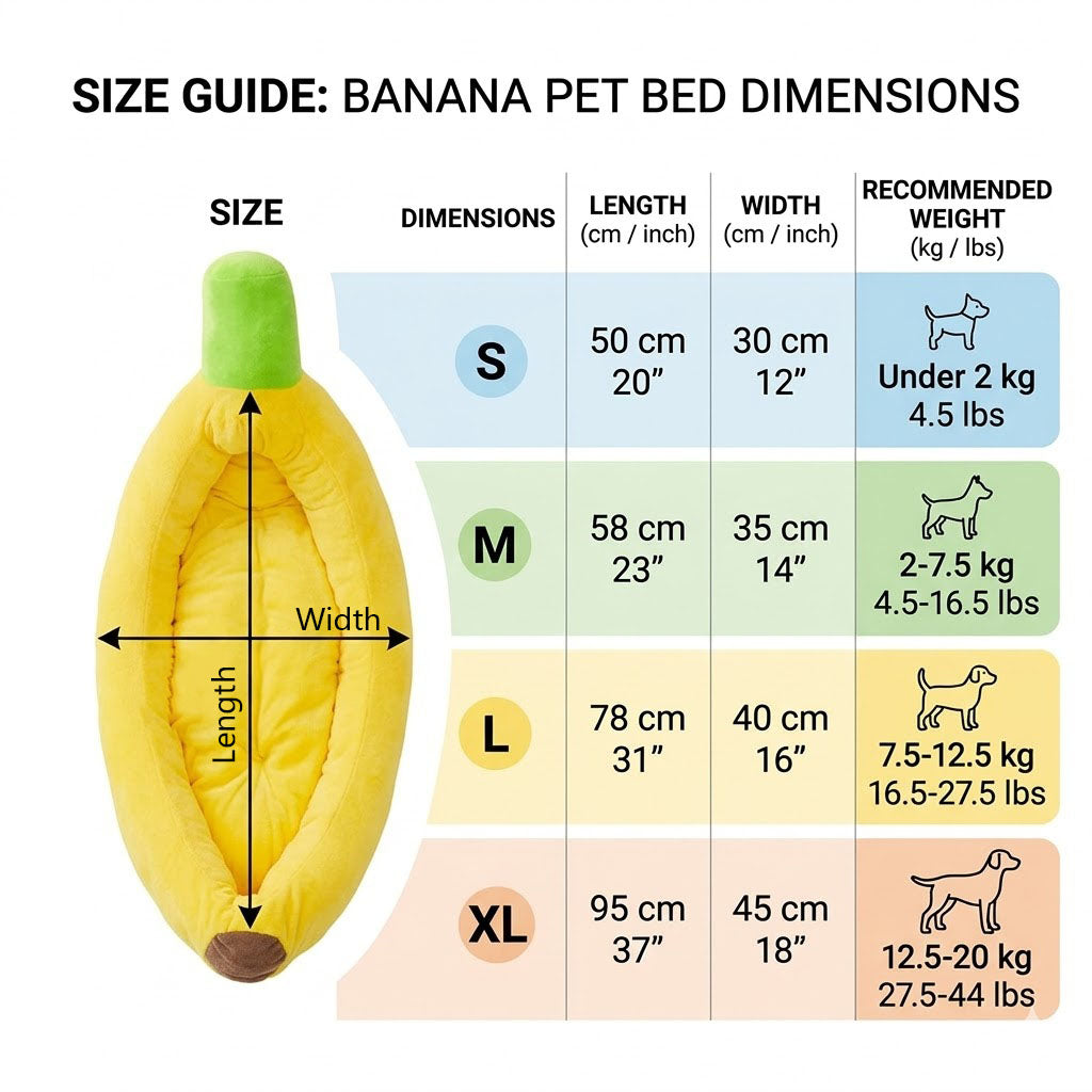 Detailed size guide chart for the banana pet bed showing exact dimensions and weight limits for sizes Small to Extra Large.